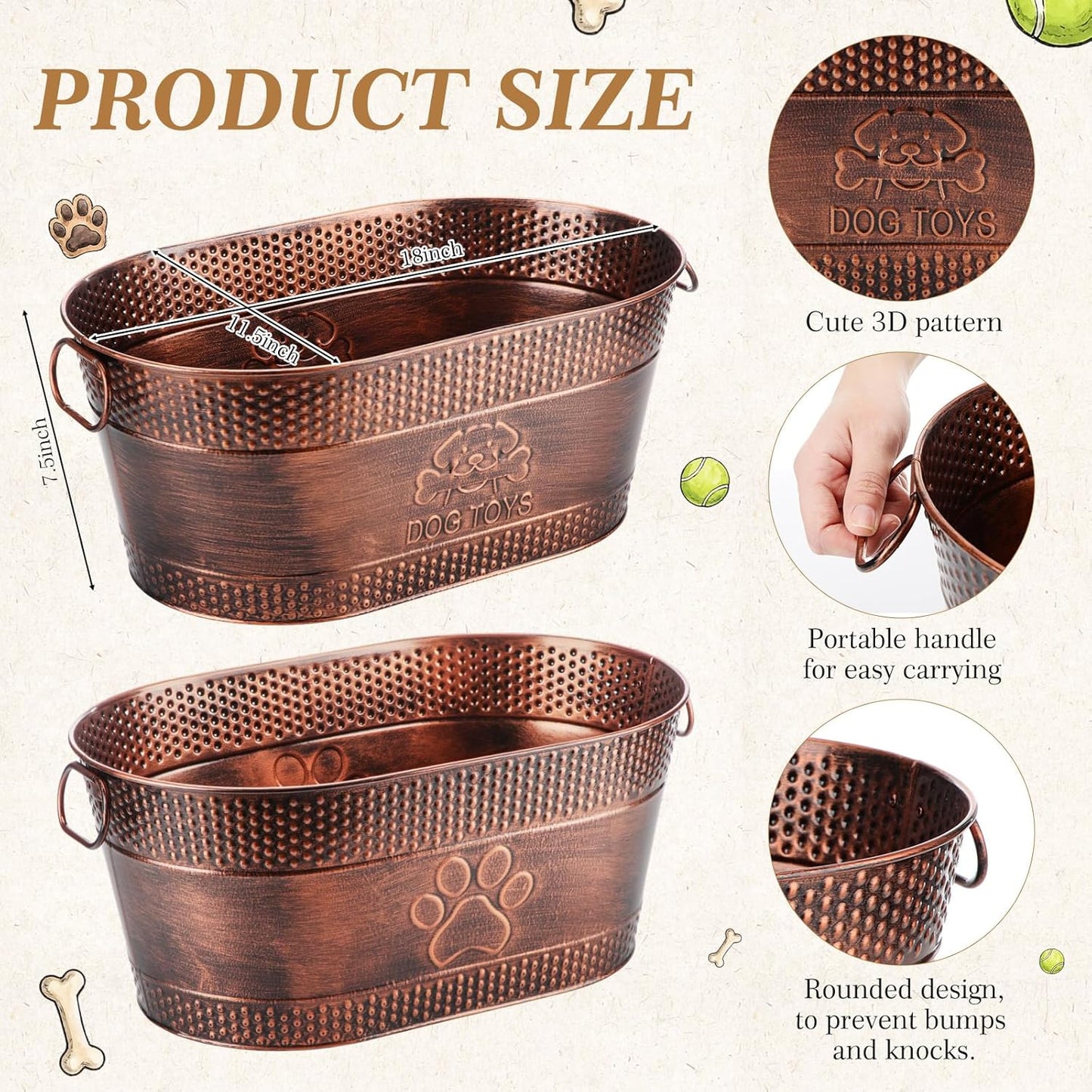 2 Pack Metal Dog Toy Basket Large Copper Oval Puppy Toy Box with Handles Durable Galvanized Dog Bin for Pet Blankets Leashes Storage Living Room Area (21 Quart)