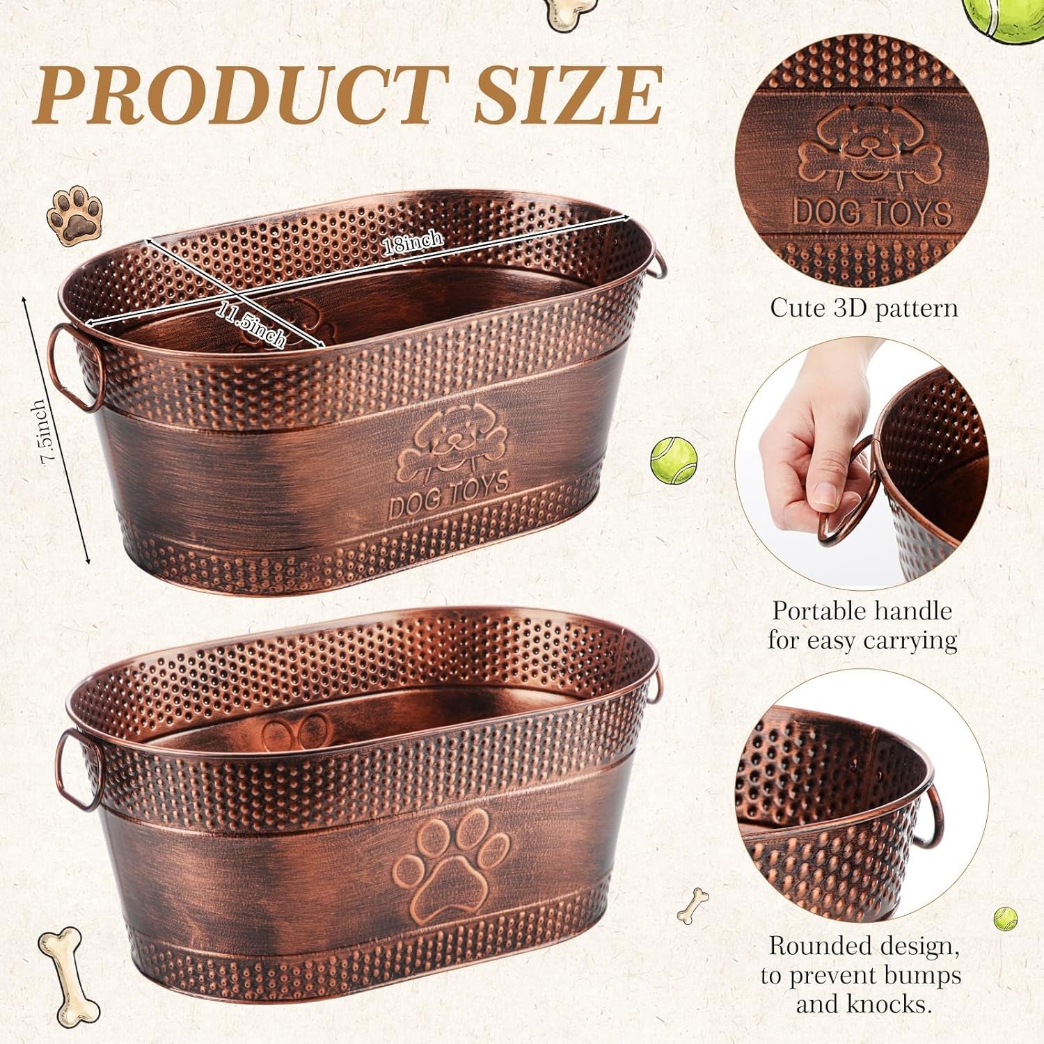2 Pack Metal Dog Toy Basket Large Copper Oval Puppy Toy Box with Handles Durable Galvanized Dog Bin for Pet Blankets Leashes Storage Living Room Area (21 Quart)