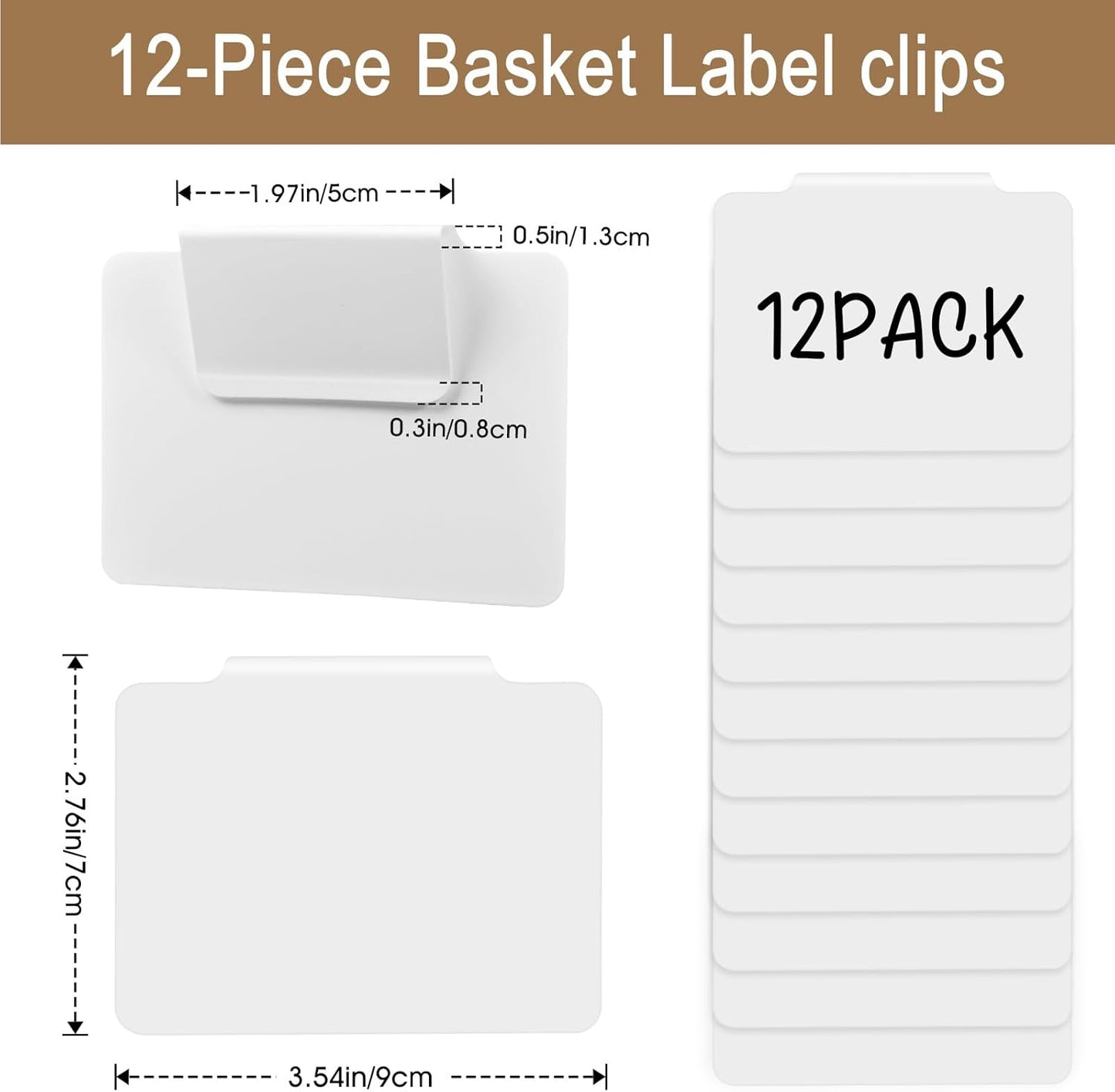12Pcs White Basket Labels Removable PVC Labels | Clip on for Storage Bins, Removable PVC Labels for Baskets with Holders, 3.5X2.7 Inches
