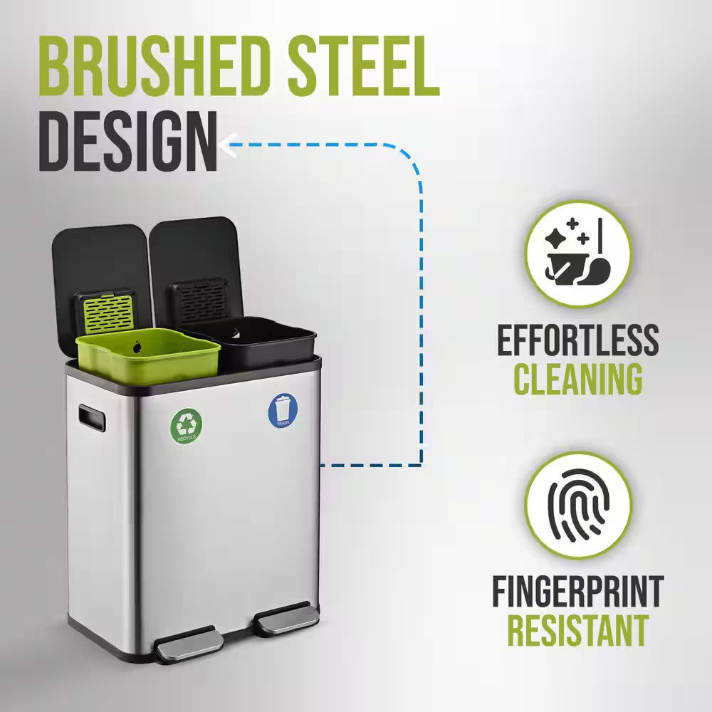 16 Gal. Dual Compartment Step-On Kitchen Trash Can and Indoor Recycling Bin with Soft-Close Lids, Stainless Steel