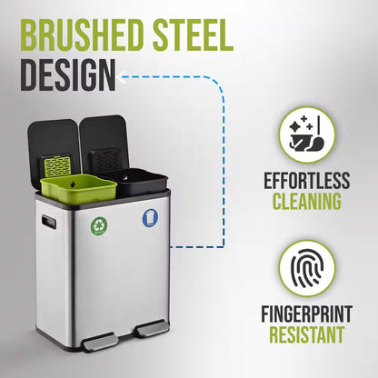 16 Gal. Dual Compartment Step-On Kitchen Trash Can and Indoor Recycling Bin with Soft-Close Lids, Stainless Steel