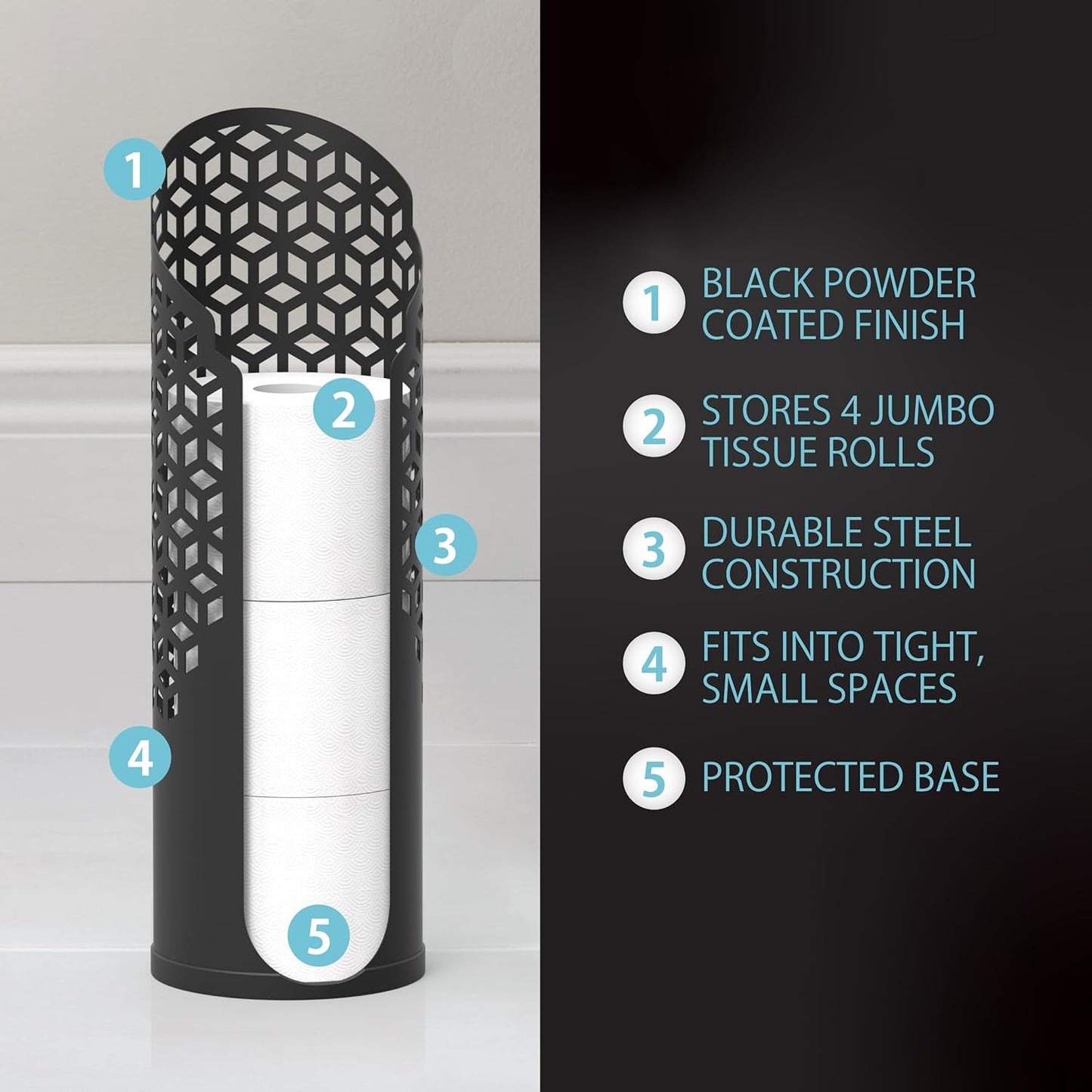 Rollo Hexacube: The Throne's Secret Stash - 4 Rolls of Softness in a Stylish Matte Black Fortress, No Tools Required for Your Bathroom's Royalty!