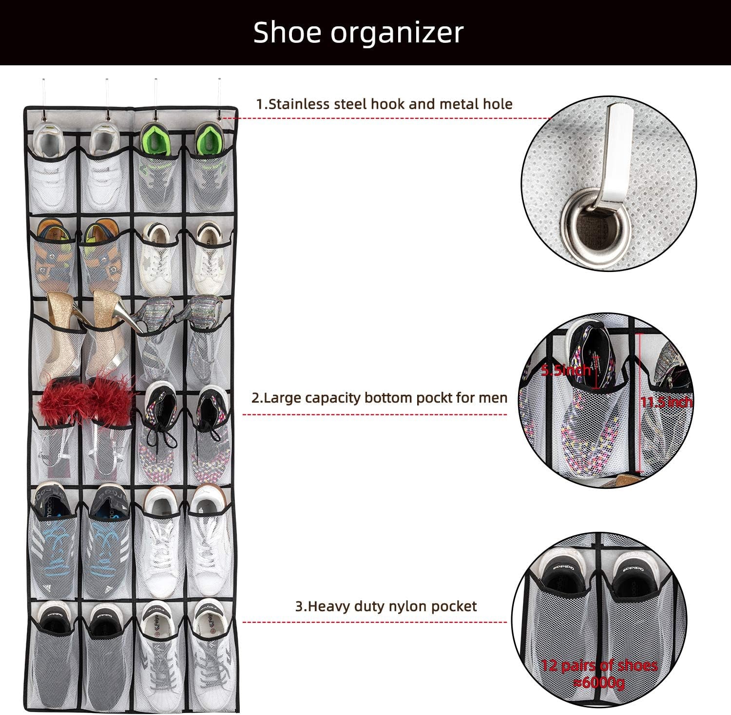 over the Door Shoe Organizer, Hanging Shoe Organizer with 24 Mesh Large Pockets Door Shoe Rack Organizer for Men Women Kids Hanging Shoe Storage Bag.(White