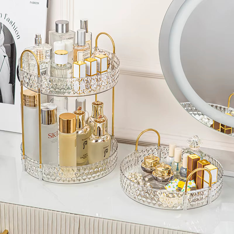 360° Rotating 3-Tier Transparent Cosmetic Organizer with Diamond Pattern for Bathroom Vanity and Countertop