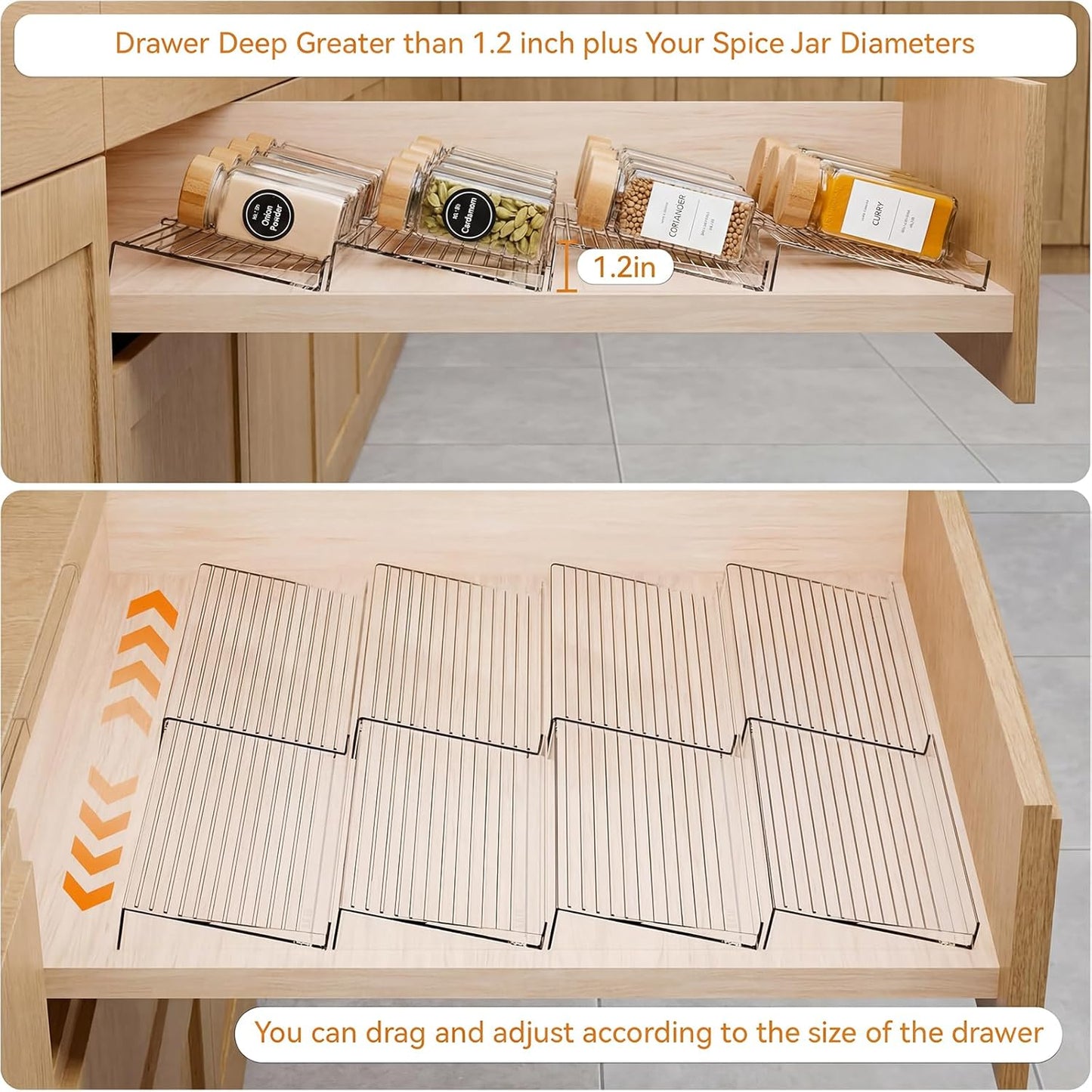 4 Pack Adjustable Spice Rack for Drawer- Expandable from 11" to 22" Expandable Spice Drawer Organizer 4 Tiers Acrylic Seasoning Organizer Rack,Clear Spice Rack Tray for Spices,Condiment (4)