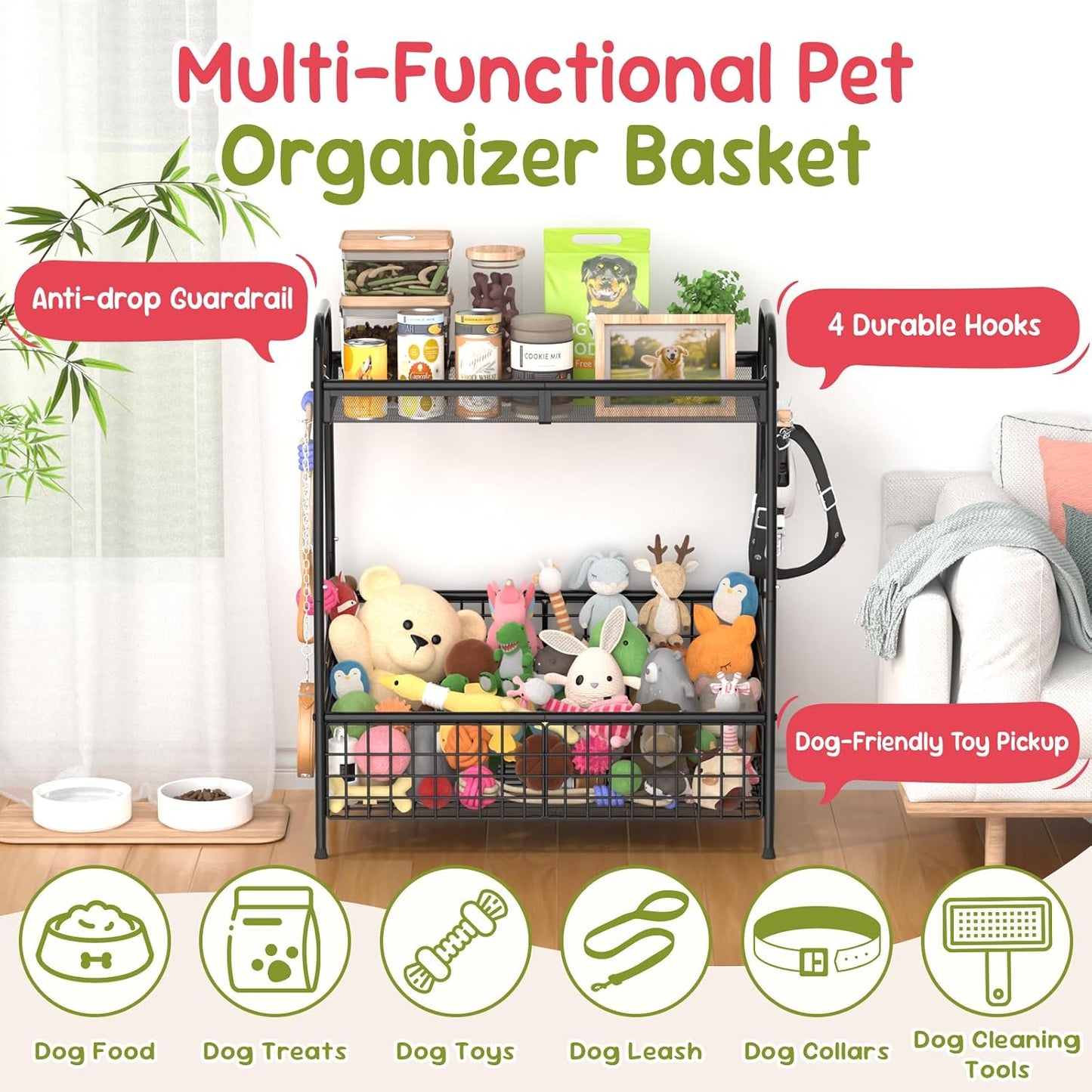 Indestructible Large Dog Toy Basket, Toy Box for Dogs,Pet Toys Bin Dog Metal Wire Basket for Toys, Food Storage, Storage Organizer Chest Storage, Toy Box for Living Room Area (Black)