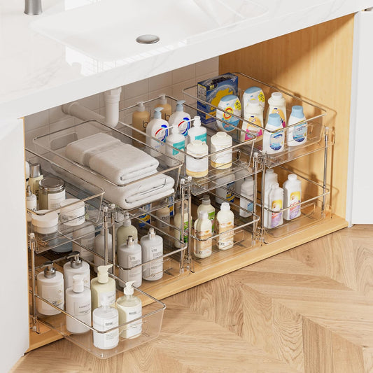 4 Pack Bathroom under Sink Organizers Organizer, 2 Tier Clear Pull-Out Organization (S-Standard)