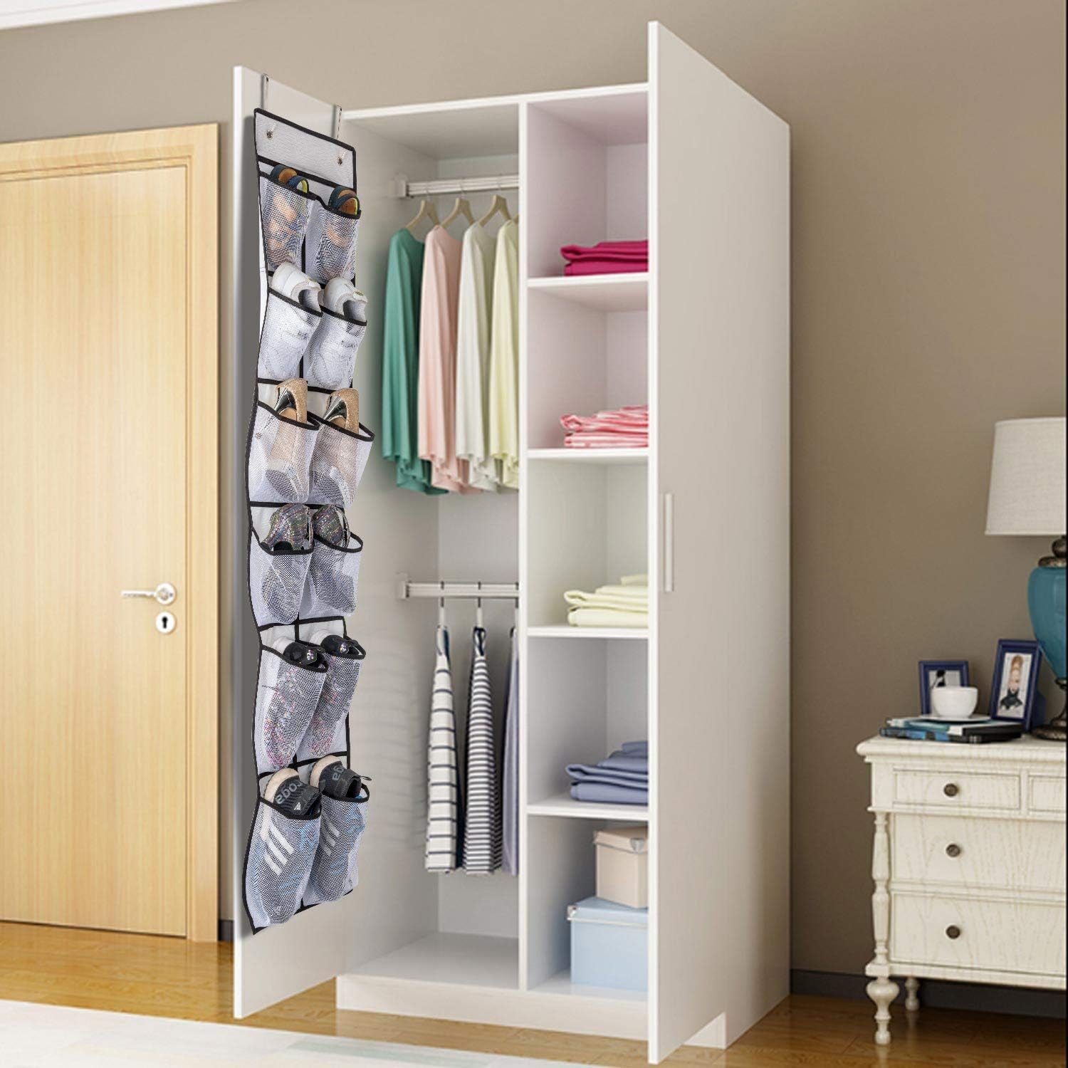 over the Door Shoe Organizer 2 Pack,Mesh Pockets Hanging Shoe Rack over the Door,Shoe Storage Closet with 4 Hooks,Washable and Breathable Fabic,Large Size 57.5×12.6Inch(Grey)