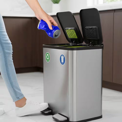 16 Gal. Dual Compartment Step-On Kitchen Trash Can and Indoor Recycling Bin with Soft-Close Lids, Stainless Steel