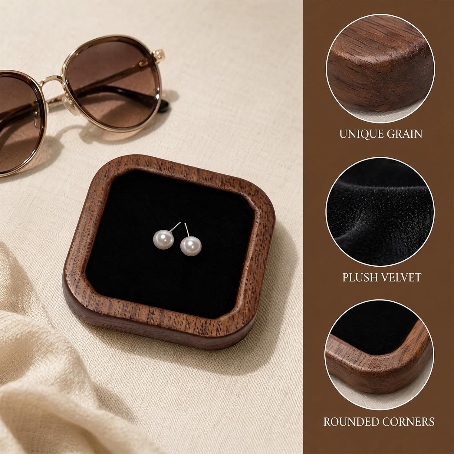 Wooden Jewelry Tray, Ring Holder Trinket Dish, Walnut Wood with Black Velvet Lining, 3.7 X 3.7 Inch, Square