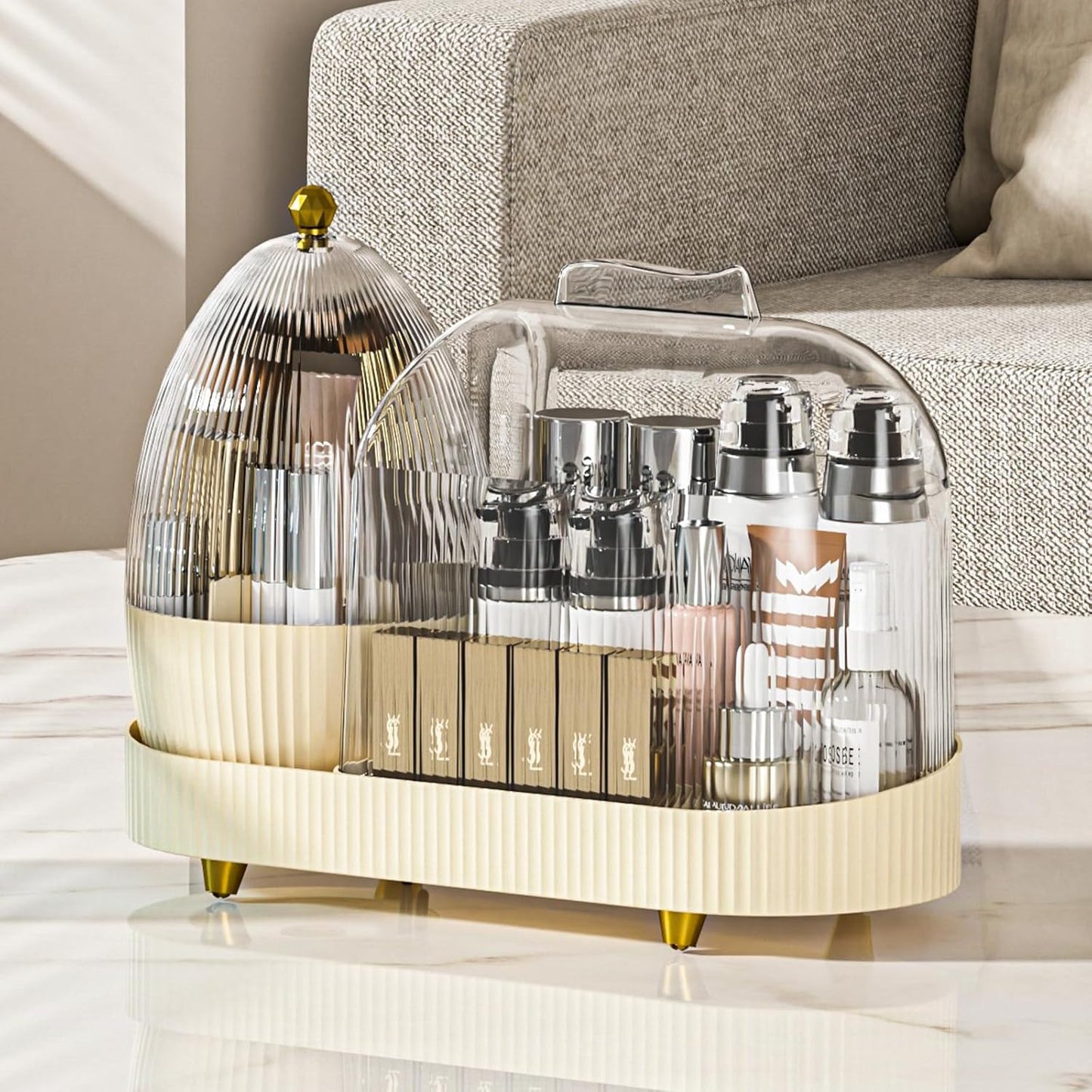 Rotating Vanity Makeup Organizer with Brush Holder and Cosmetic Storage for Lotions, Large Spinning Skincare Organizer (15x11 inches)