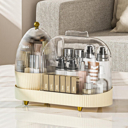 Rotating Vanity Makeup Organizer with Brush Holder and Cosmetic Storage for Lotions, Large Spinning Skincare Organizer (15x11 inches)
