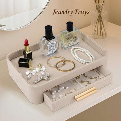 Valet Jewelry Tray Nightstand Organizer with Drawer, PU Leather Perfume Tray Trinket Trays for Vanity Bathroom Entryway, Catchall Trays for Key Purse Watch Cologne, Gift for Women Men, Beige