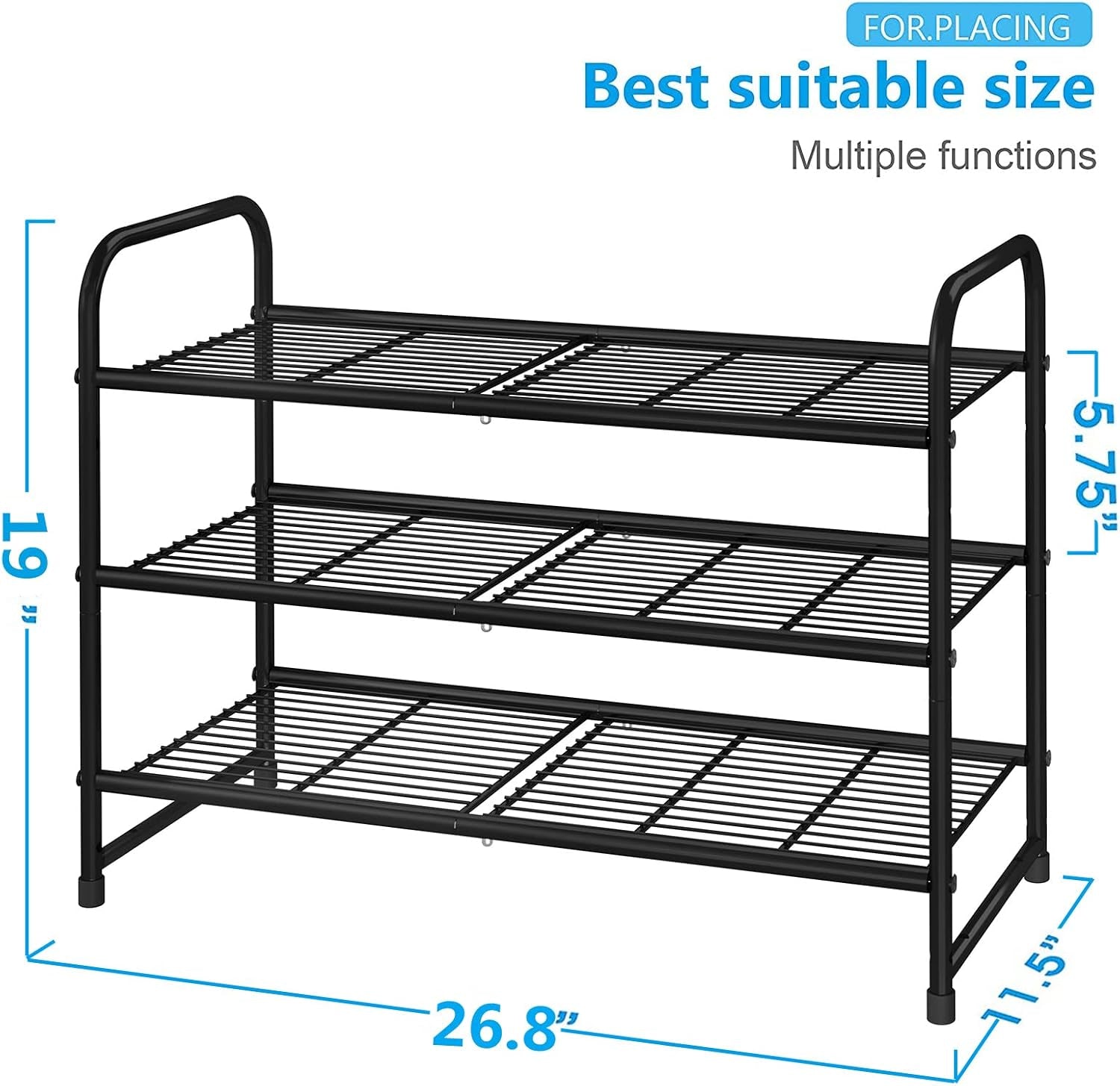 3-Tier Stackable Shoe Rack, Expandable & Adjustable Shoe Shelf Storage Organizer, Wire Grid, Black
