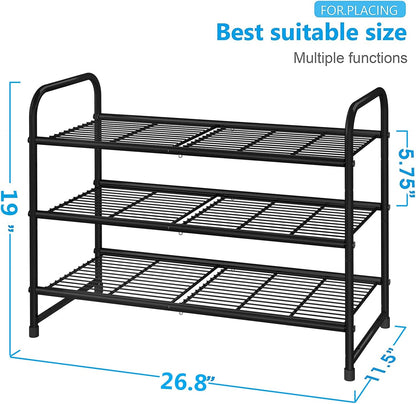 3-Tier Stackable Shoe Rack, Expandable & Adjustable Shoe Shelf Storage Organizer, Wire Grid, Black