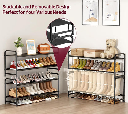Long 2-Tier Shoe Organizer for Closet, Stackable Wide Shoe Rack Holds 18-Pairs Low Shoe Shelf Storage for Bedroom, Floor, Entryway(Black)