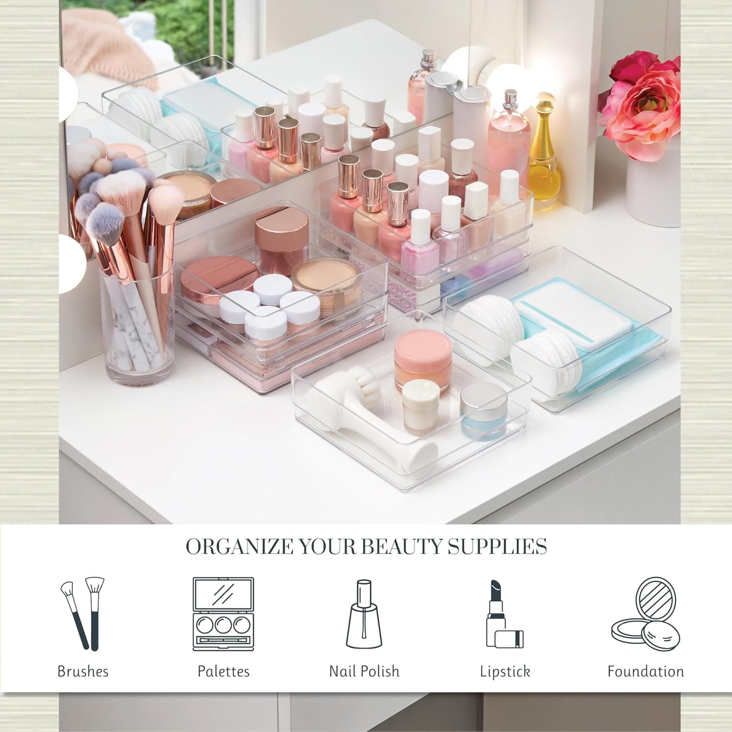 Simplesort 6-Piece Stackable Clear Drawer Organizer Set | 6" X 6" X 2" Square Trays | Small Makeup Vanity Storage Bins and Office Desk Drawer Dividers | Made in USA