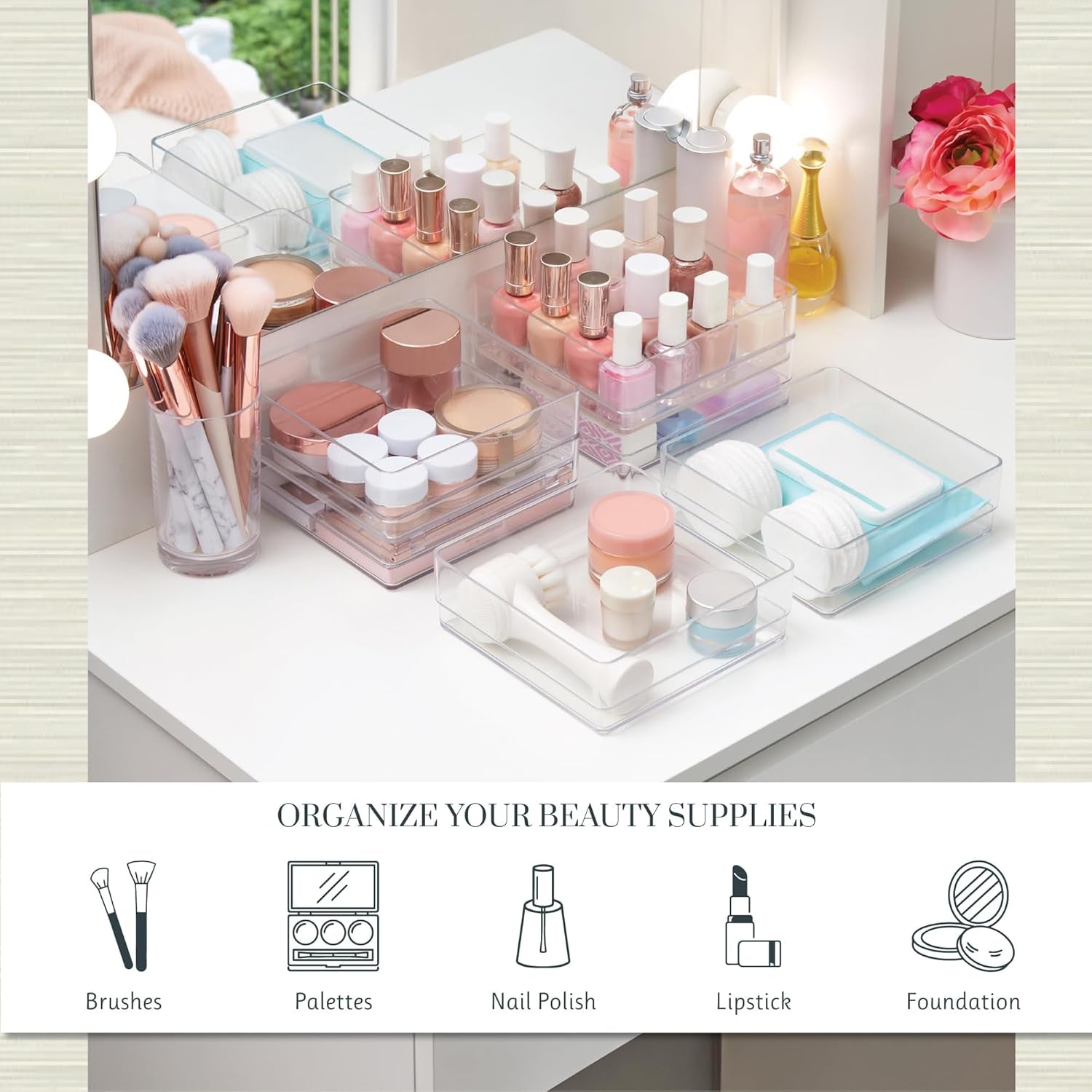 Simplesort 6-Piece Stackable Clear Drawer Organizer Set | 6" X 6" X 2" Square Trays | Small Makeup Vanity Storage Bins and Office Desk Drawer Dividers | Made in USA