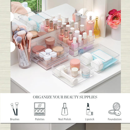 Simplesort 6-Piece Stackable Clear Drawer Organizer Set | 6" X 6" X 2" Square Trays | Small Makeup Vanity Storage Bins and Office Desk Drawer Dividers | Made in USA