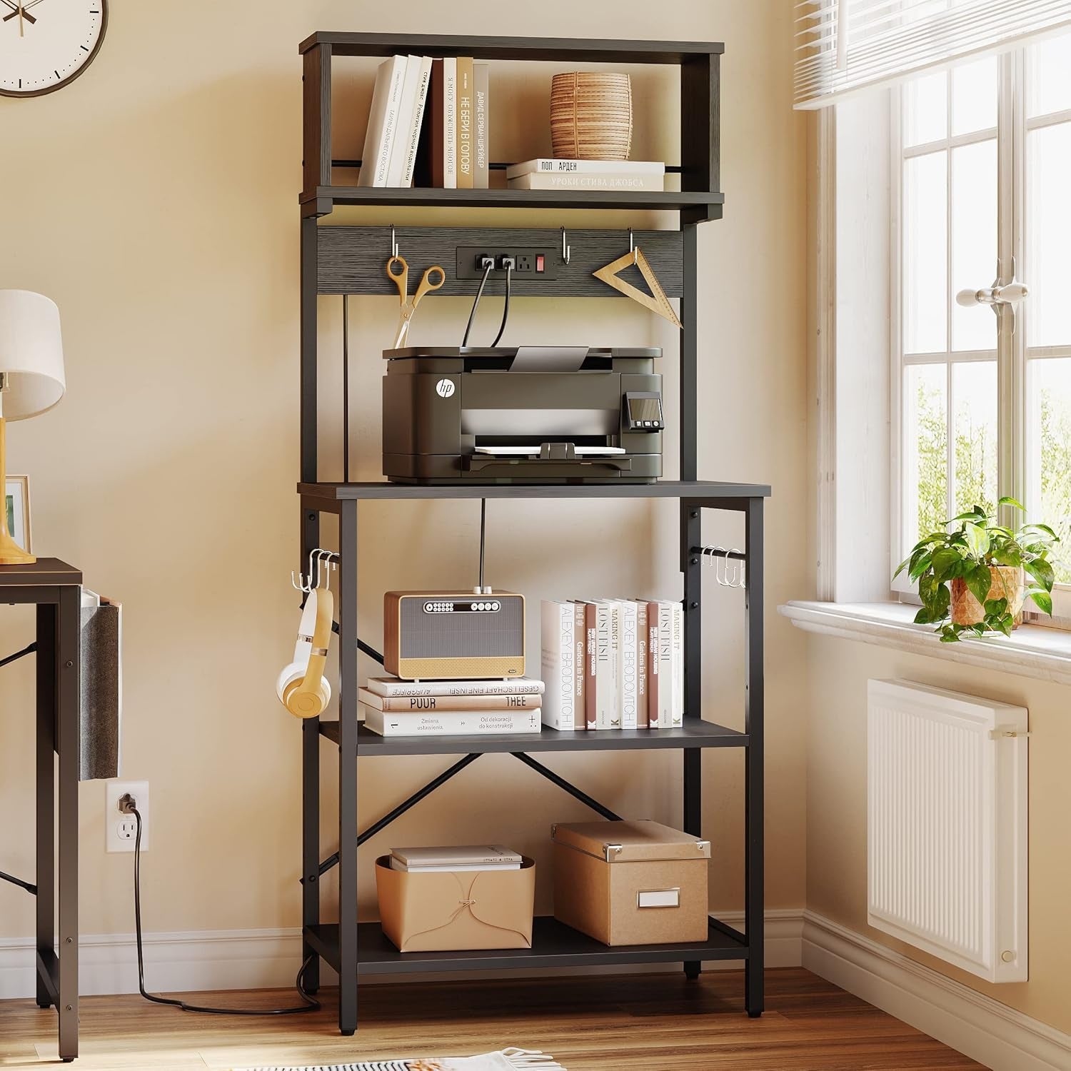 Bakers Rack with Power Outlet, Coffee Bar Table with Storage 5 Tiers, Standing Microwave Stand with 8 S-Shaped Hooks, Kitchen Storage Shelf Rack for Spices | Standing Microwave Stand with 8 S-Shaped Hooks, Kitchen Storage Shelf Rack for Spices