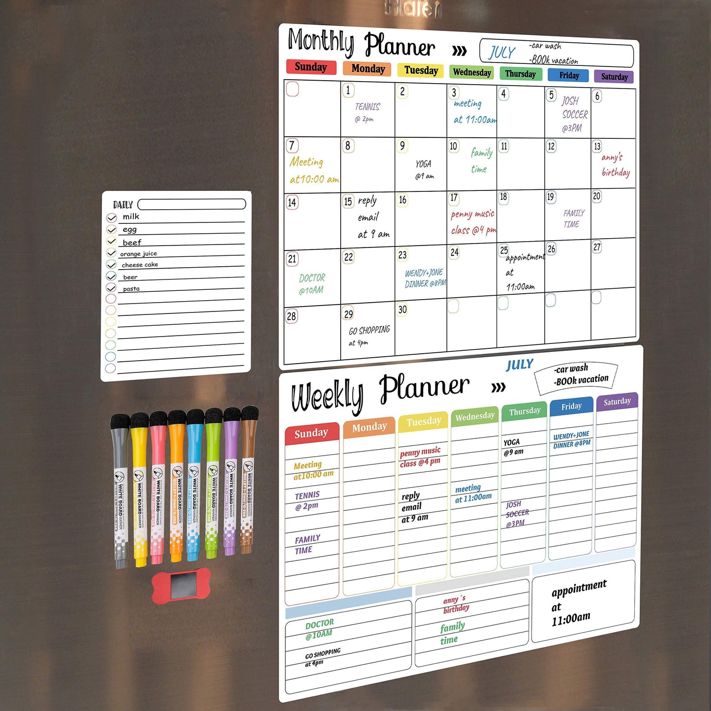 Dry Erase Whiteboard. Magnetic Dry Erase Calendar Board for Fridge Includes 8 Markers - Weekly Meal Planner Whiteboard, Grocery List and Notepad for Kitchen Refrigerator
