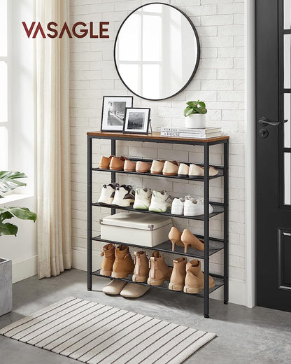 VASAGLE Shoe Rack for Entryway, Freestanding, Adjustable, Industrial | 5-Tier Shoe Rack Organizer with Storage Shelves and Spacious Top, Rustic Brown and Ink Black ULBS038B01