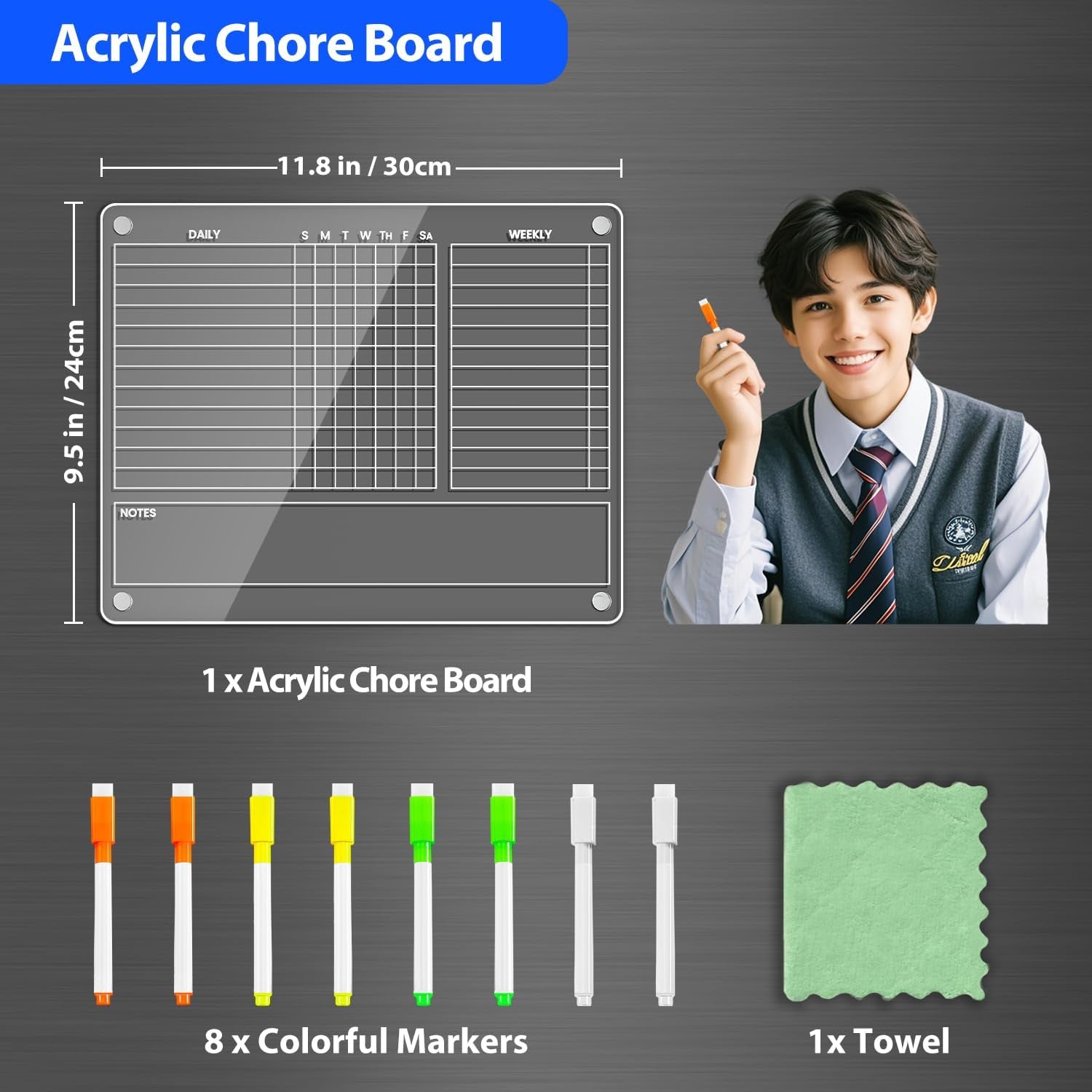 Acrylic Magnetic Chore Chart for Adults, 12X9.5 in Fridge Board | Clear Dry Erase Checklist with Daily, Weekly and Notes; Fits Curved Doors; Embedded Magnets; 8 Wet-Erase Markers and Towel