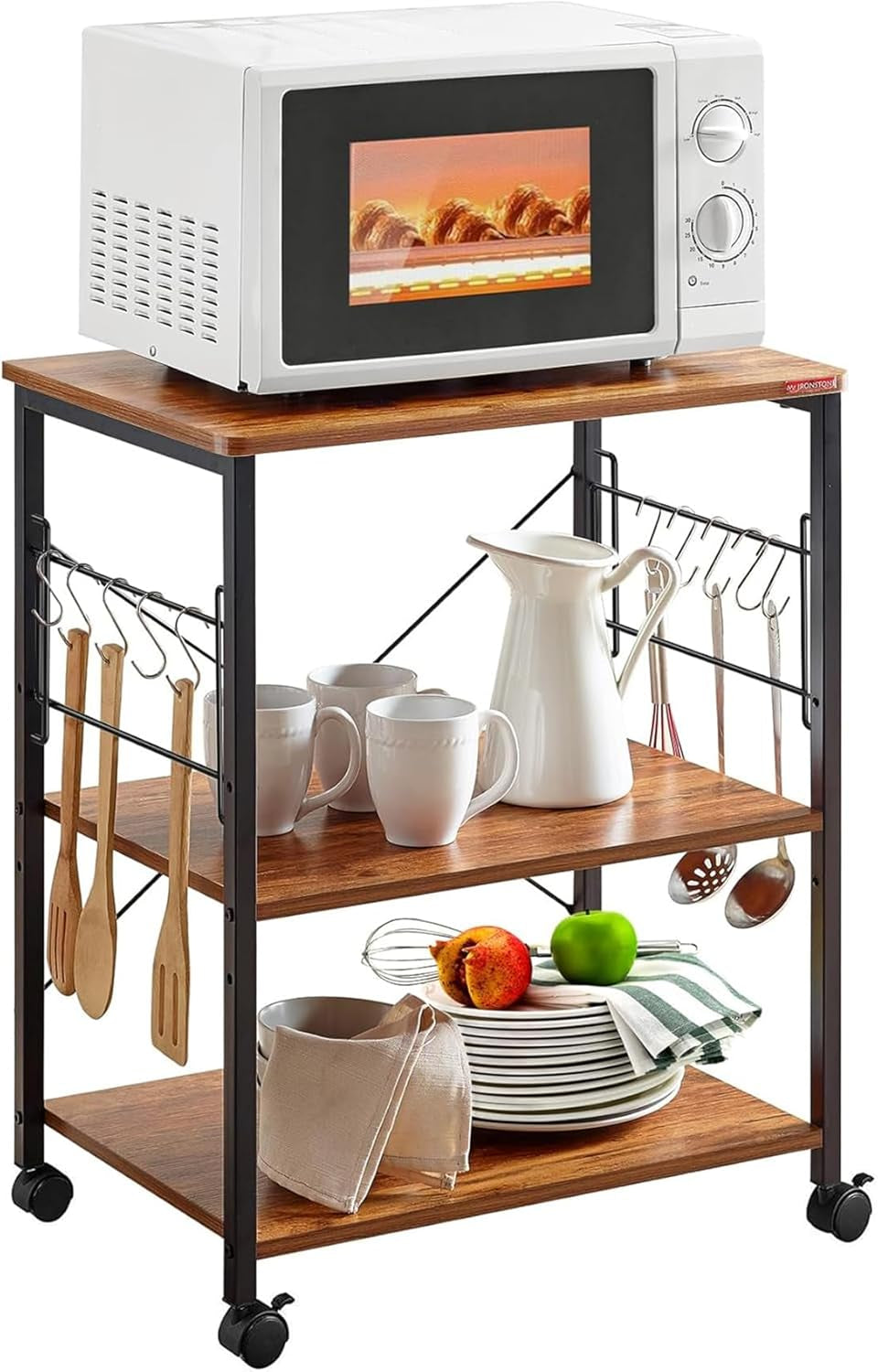 Microwave Cart 23.7'' for Small Space, 3-Tier Microwave Stand Coffee Cart Rolling Kitchen Utility Cart on Wheels, Vintage
