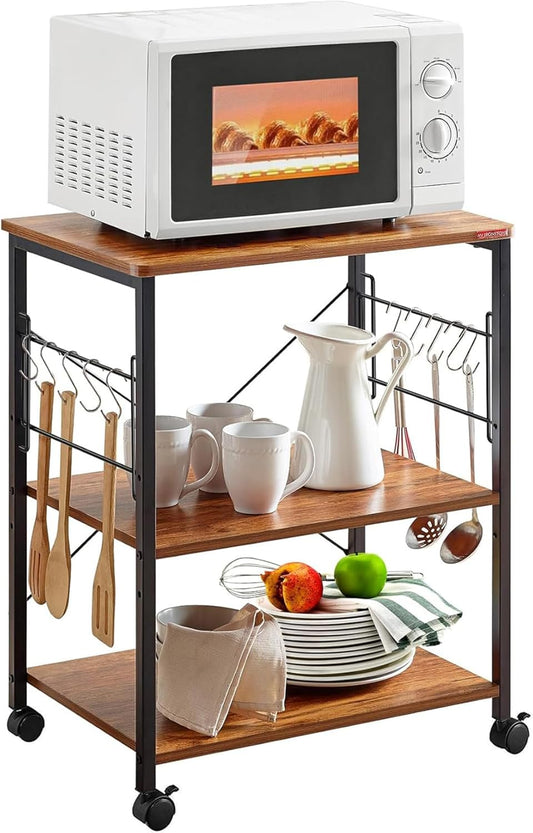 Microwave Cart 23.7'' for Small Space, 3-Tier Microwave Stand Coffee Cart Rolling Kitchen Utility Cart on Wheels, Vintage