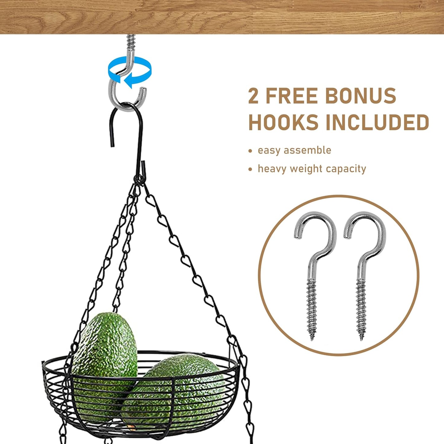3-Tier Hanging Basket Fruit Organizer Kitchen Heavy Duty Wire Organizer with 2 Free Bonus Metal Ceiling Hooks, Black