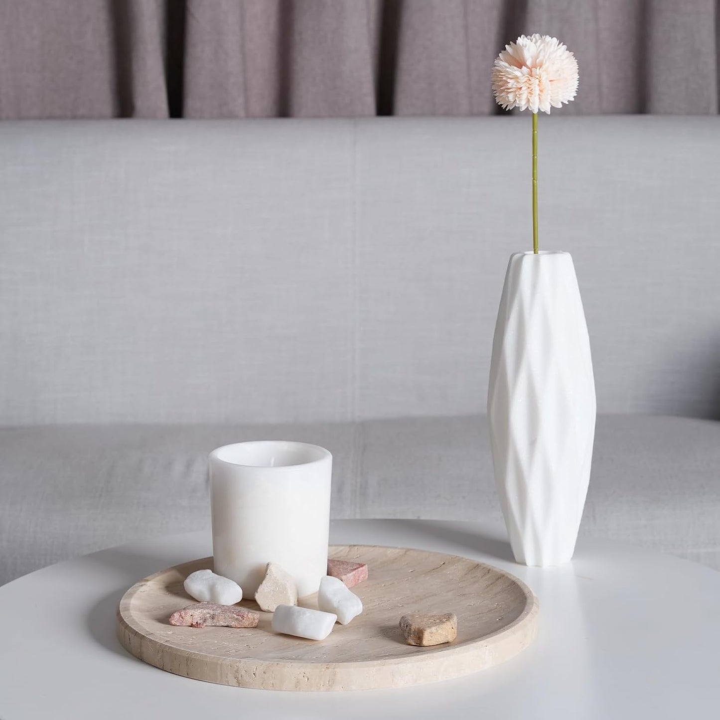 Travertine Tray, 11.8"X0.8" round Serving Tray for Kitchen and Coffee Table, Bathroom Trays for Counter, Decorative Vanity Trays, Catchall Fruit and Snack, Light Beige Ottoman Tray