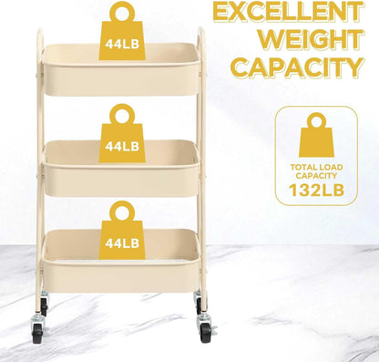 3 Tier Utility Rolling Cart with Lockable Wheels, Metal Multifunctional Storage, Organizer Cart for Kitchen, Office, Living Room, Makeup, Craft, Art Studio, Beige