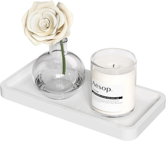 Small Bathroom Vanity Tray for Countertop Makeup Perfume Jewelry Decor Candle Keys, Bamboo Kitchen Tray for Soap Dispenser Spice, Small White Toilet Tray for Sink7.9 L X 4" W X 0.79" H