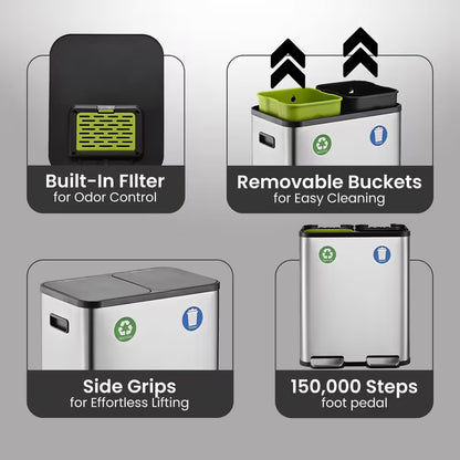 16 Gal. Dual Compartment Step-On Kitchen Trash Can and Indoor Recycling Bin with Soft-Close Lids, Stainless Steel