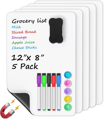 Magnetic Whiteboard for Fridge 12X8 White 5 Pack | Strong Magnet, Dry Erase, Reusable, Easy Clean, Stain Resistant, Meal Planner, Grocery List, Family Notes, Kitchen Organizer