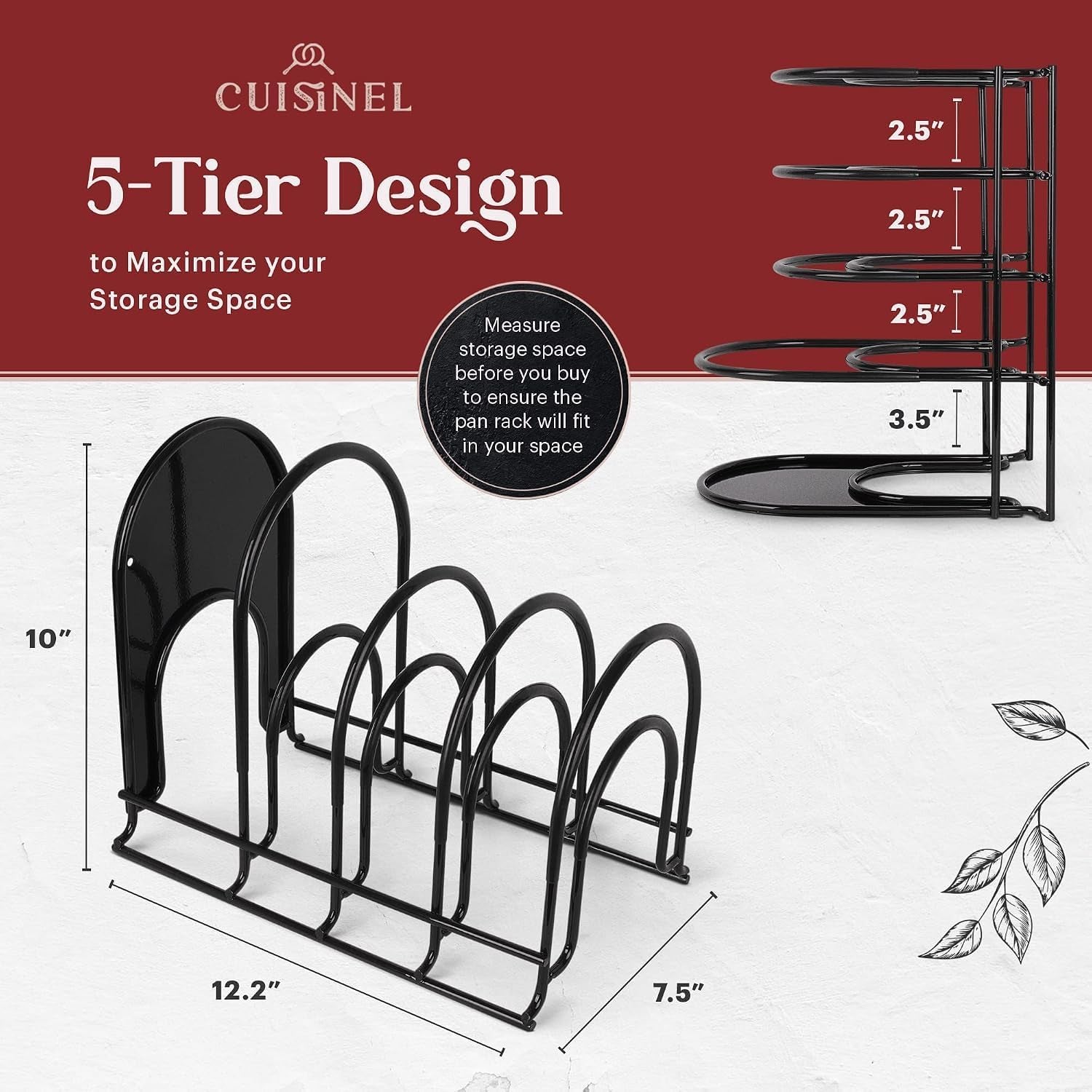 Pan Organizer for Cast Iron Skillets, Griddles, 5-Tier Rack, Black 12.2"