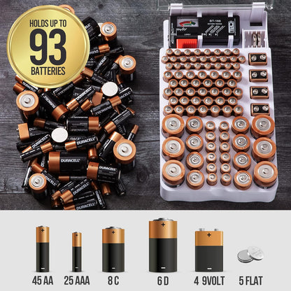 Battery Storage Organizer and Case with Tester, Accommodates 93 Batteries of Various Sizes, Ideal for Garage Organization, Purple