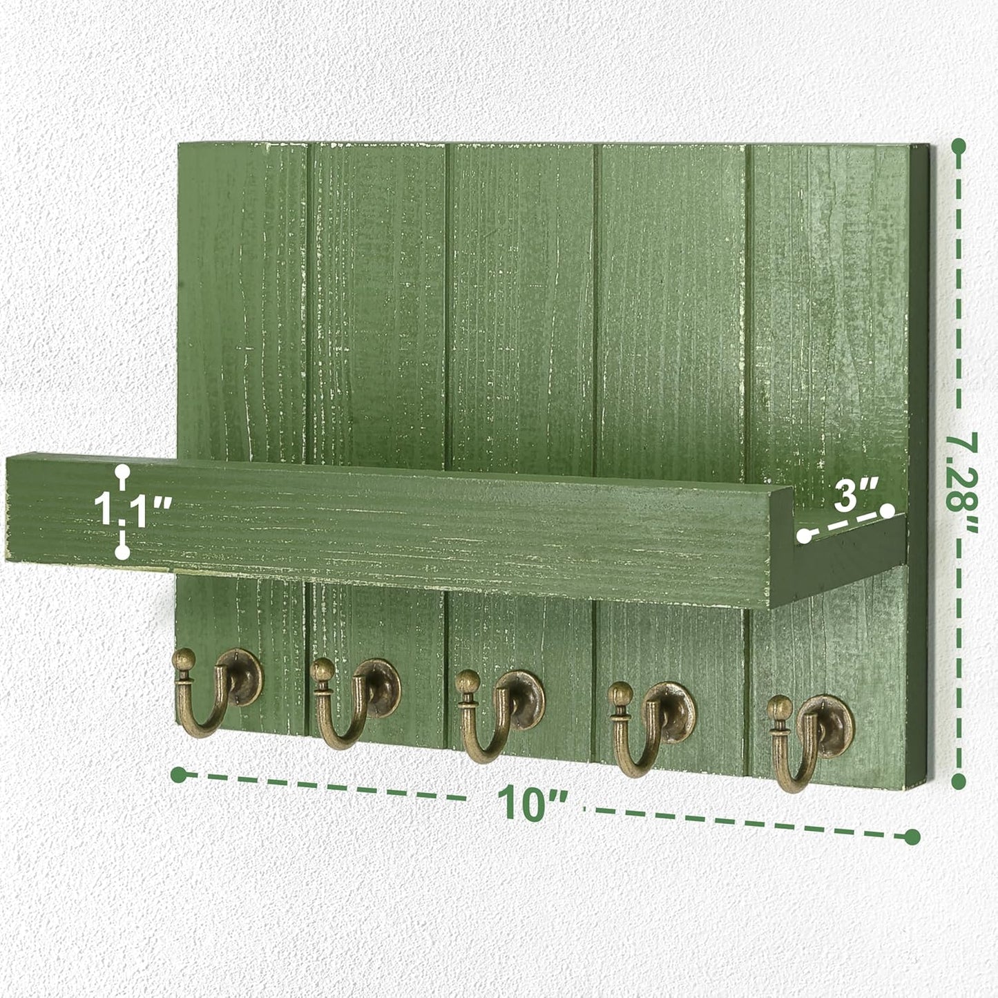 Pine Wood Key Holder Wall Mount with Floating Shelf – Farmhouse Key Holder for Wall with Hooks – Hat Organizer for Room Decor and Entryway Organization (Green,3.54" X 10" X 7.28")