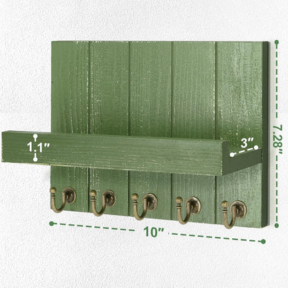 Pine Wood Key Holder Wall Mount with Floating Shelf – Farmhouse Key Holder for Wall with Hooks – Hat Organizer for Room Decor and Entryway Organization (Green,3.54" X 10" X 7.28")