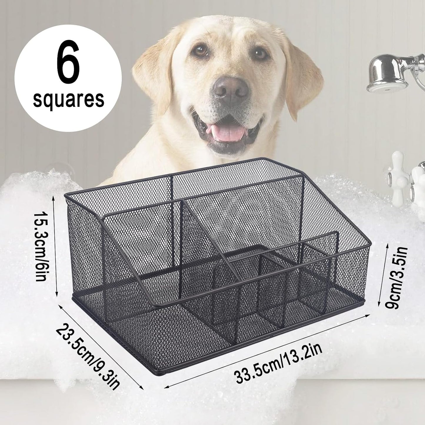 Universal Pet Grooming Supplies Organizer, Dog Storage Organizer for Grooming Supplies, 6-Compartment Mesh Wire Dog Stuff Storage Organizer for Dogs Cat Grooming Blanket,Shampoo,Trimmer,Clipper,Brush