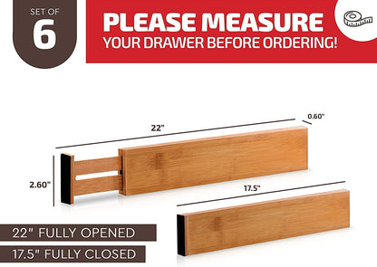 6-Pack Bamboo Drawer Dividers - 2.6 in High, Adjustable 16 to 22 in Expandable Drawer Organizers and Dresser Separators for Clothes, Bedroom, Bathroom, Kitchen, and Office Organization and Storage