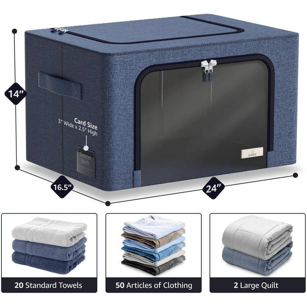 Jumbo Storage Bins, Organizers with Frame, Handles, and Window, Blue 24 In. X 14 In. Polyester Decorative Box Set of 4