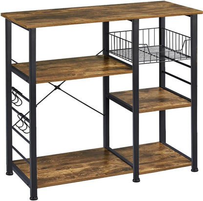 Yaheetech 4-Tier Bakers Rack,Microwave Stand for Coffee Bar,Rustic Brown | Metal Coffee Station, Kitchen Racks Shelf with Storage,Wire Basket, Hooks,Adjustable Feet for Kitchenette,Small Apartment