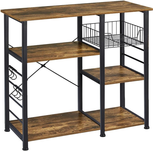 Yaheetech 4-Tier Bakers Rack,Microwave Stand for Coffee Bar,Rustic Brown | Metal Coffee Station, Kitchen Racks Shelf with Storage,Wire Basket, Hooks,Adjustable Feet for Kitchenette,Small Apartment