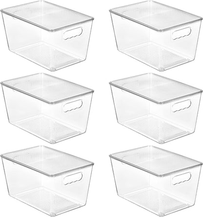 6-Pack Clear Stackable Storage Bins with Lids - Large Plastic Containers with Handles for Pantry, Bathroom, Cabinet, Kitchen, Fridge, and Closet Organization