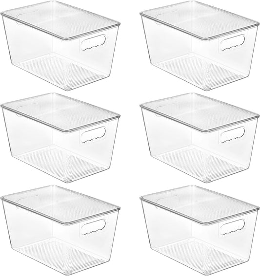6-Pack Clear Stackable Storage Bins with Lids - Large Plastic Containers with Handles for Pantry, Bathroom, Cabinet, Kitchen, Fridge, and Closet Organization