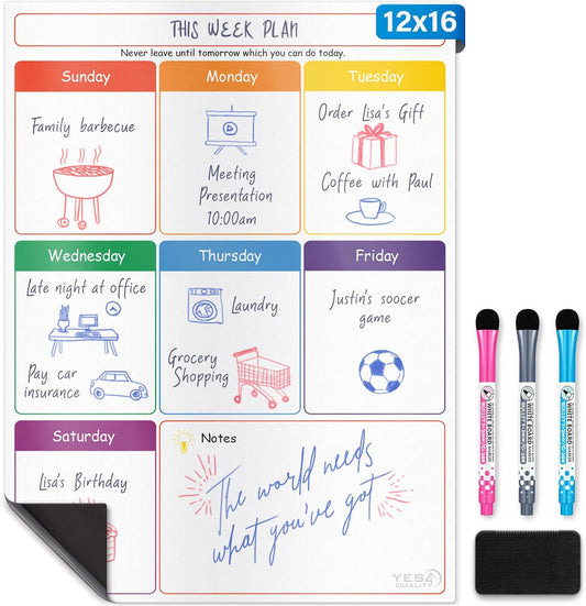 Magnetic Calendar - 16X12 Whiteboard - Dry Erase Calendar for Fridge - Monthly Refrigerator White Board Sheet with 3 Colorful Markers & Eraser, Meal Planner & Family Organizer - by