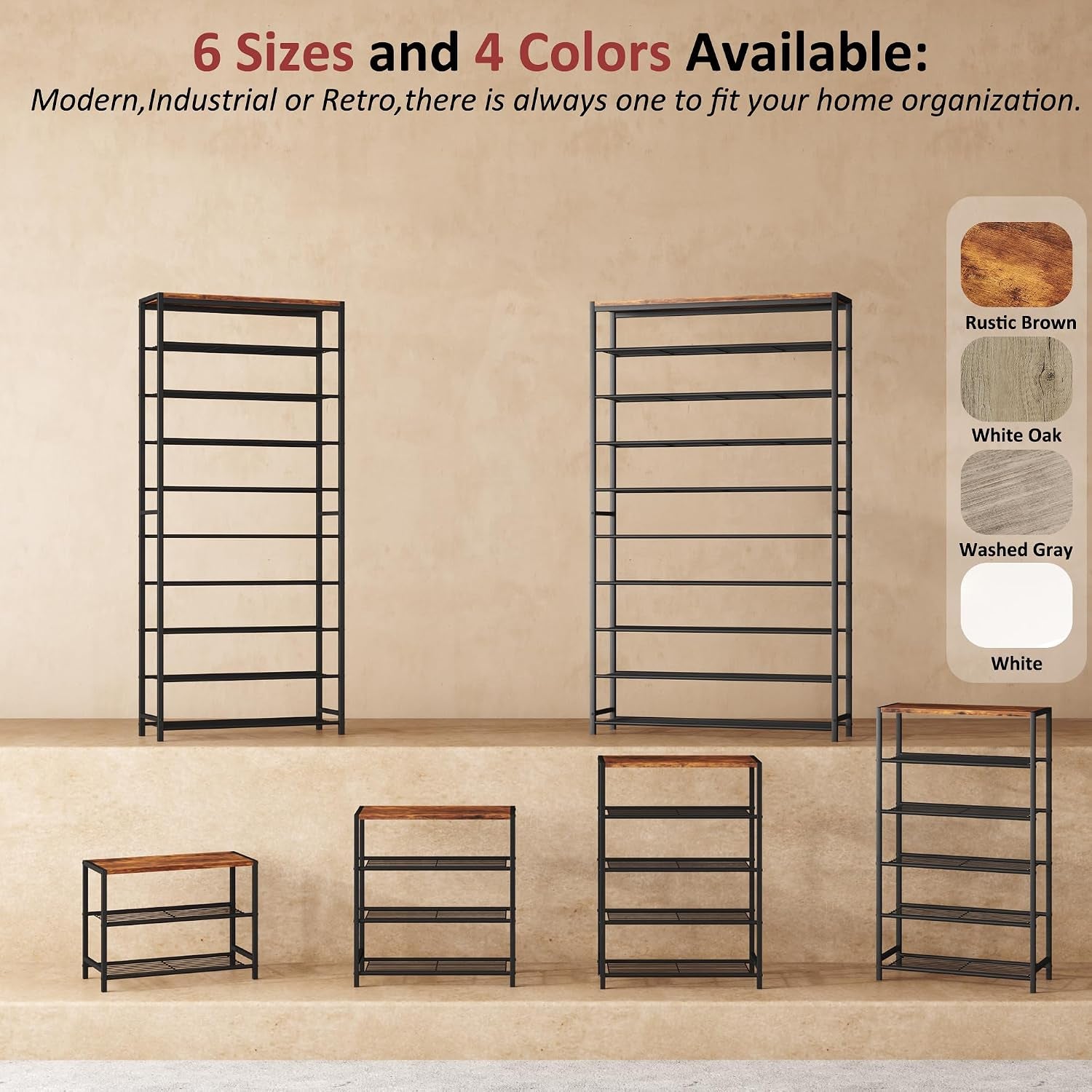 3-Tier Shoe Rack, Shoe Storage Shelf, Industrial Shoe Tower, Narrow Shoe Organizer for Closet Entryway, Small Shoe Rack Table with Durable Metal Shelves, Rustic Brown