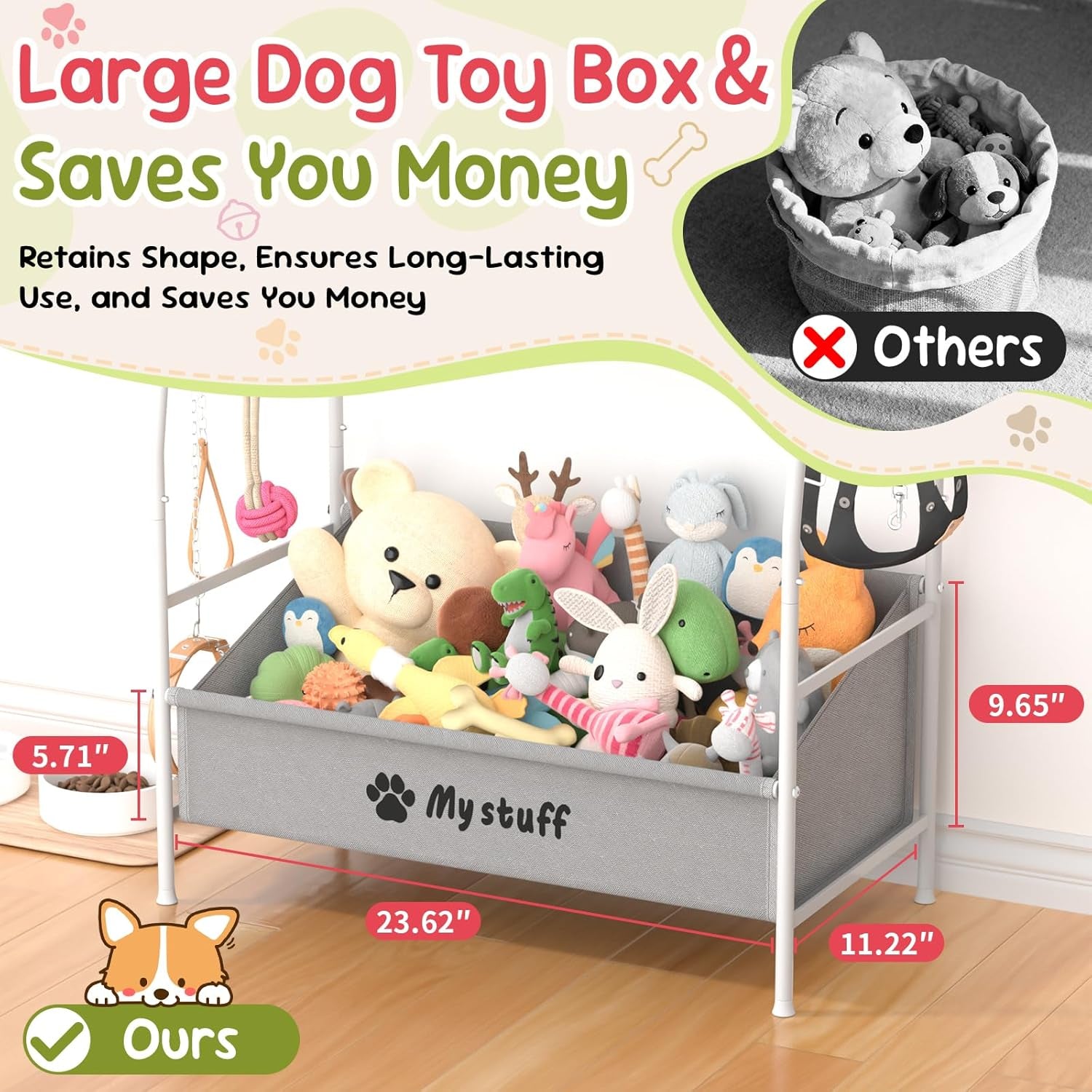 Large Dog Toy Basket, Toy Box for Dogs, Pet Toys Bin Dog Metal Wire Basket for Toys, Food Storage, Storage Organizer Chest Storage, Toy Box for Living Room Area (White)
