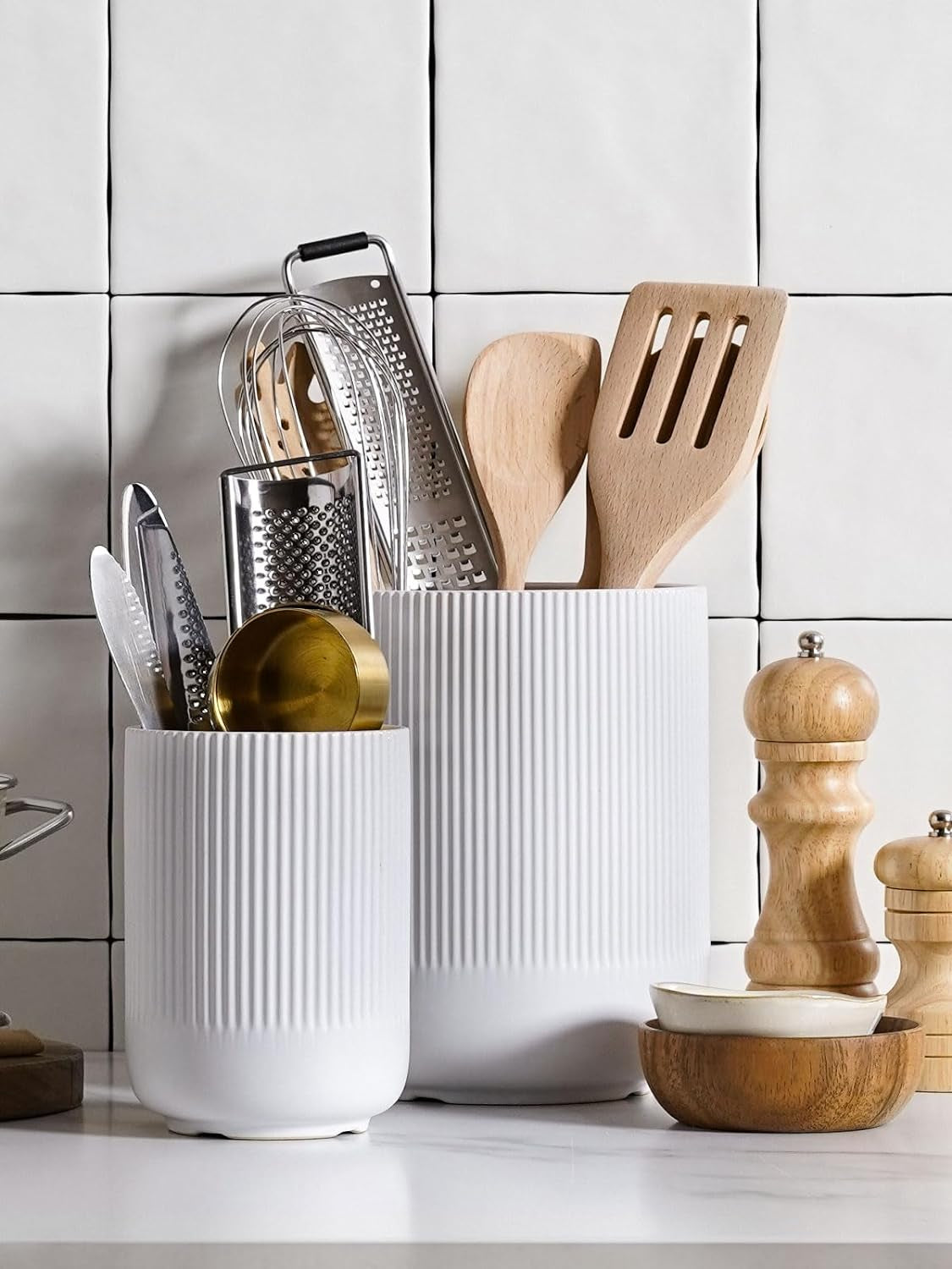 Utensil Holder for Kitchen Counter, 7.3"+5.4" Fluted Ceramic Utensil Crock Organizer for Countertop, Heavy Large Holder for Spatulas, Spoons, Set of 2, White, Kitchen Counter Decor